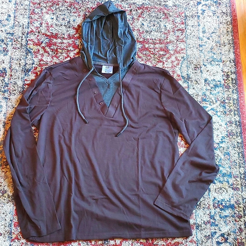 LAST ONE!!!! Mens Drawstring Long Sleeve Pullover Hoodie Shirt Brown Gray